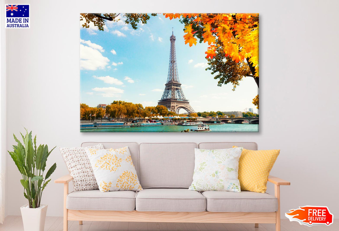 Boat Is in The Water Near the Eiffel Tower Wall Art Decor 100% Australian Made