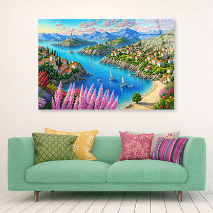 Painting Of a Town with a Lake, Trees, Mountains, and Flowers Acrylic Glass Print Tempered Glass Wall Art 100% Made in Australia Ready to Hang