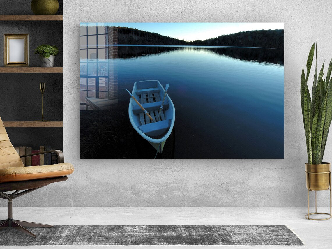 Boat on Calm Lake View UV Direct Aluminum Print Australian Made Quality