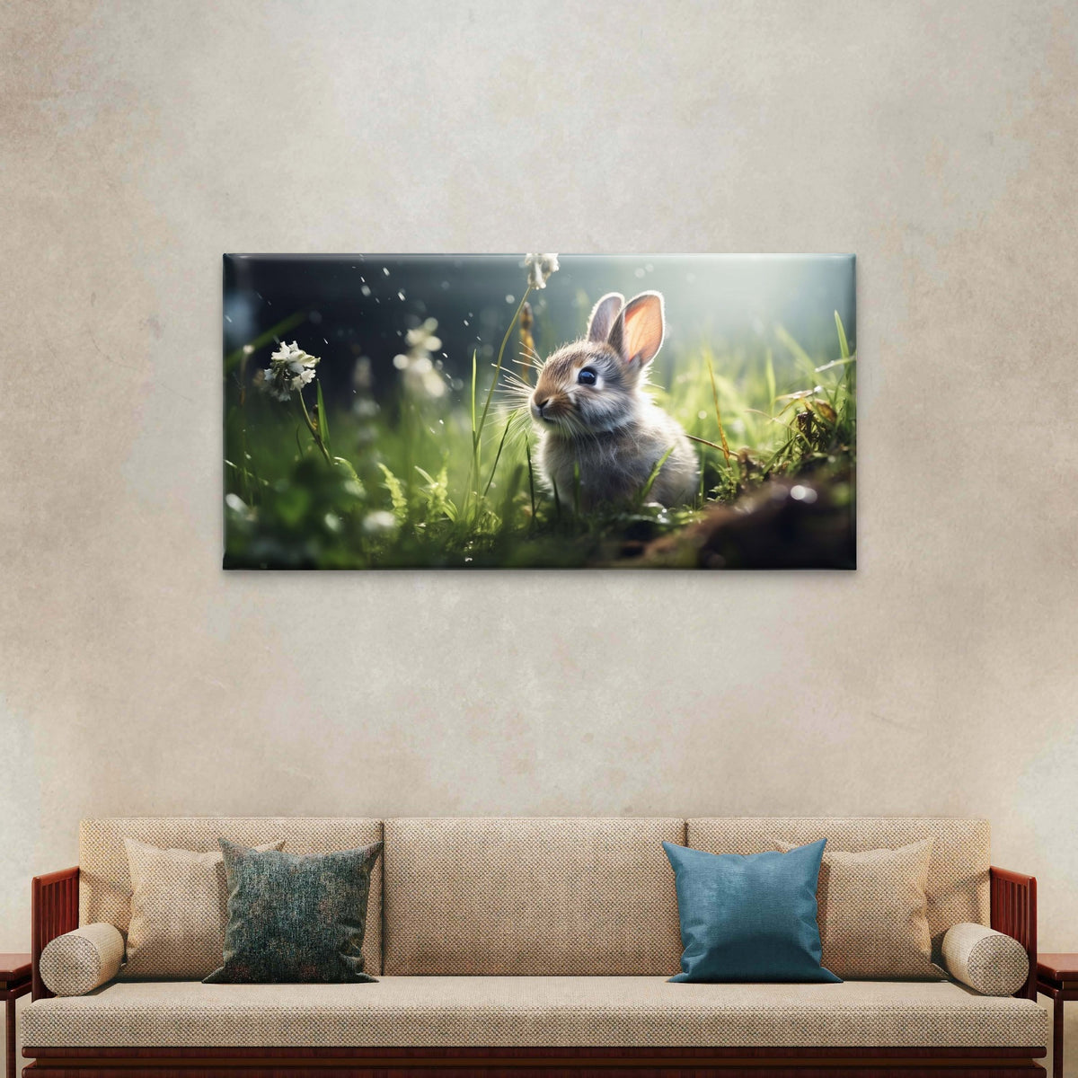 Cute Bunny Wild Rabbit in Meadow Wall Art Canvas Office Home Framed 120x60cm