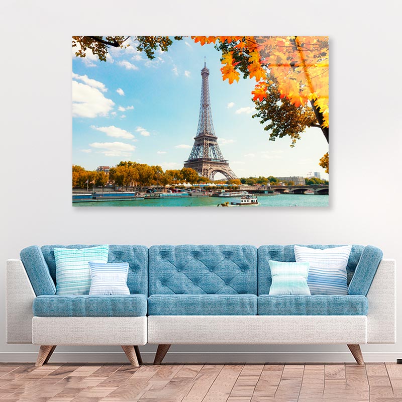 Boat Is in The Water Near the Eiffel Tower Acrylic Glass Print Tempered Glass Wall Art 100% Made in Australia Ready to Hang - Bella Home Decor