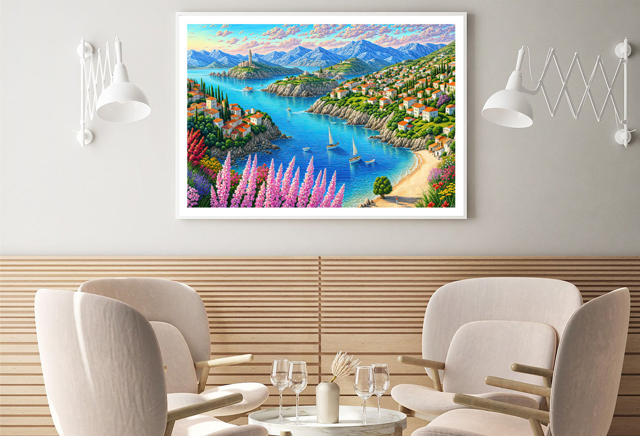 Painting Of a Town with a Lake, Trees, Mountains, and Flowers Home Decor Premium Quality Poster Print Choose Your Sizes