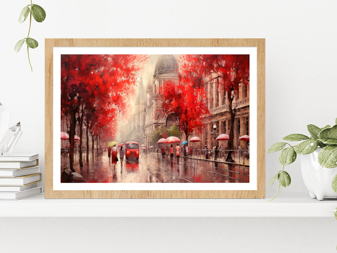 Street View Of Budapest, People Under A Red Umbrella & Tree, Night & Moon Glass Framed Wall Art, Ready to Hang Quality Print With White Border Oak