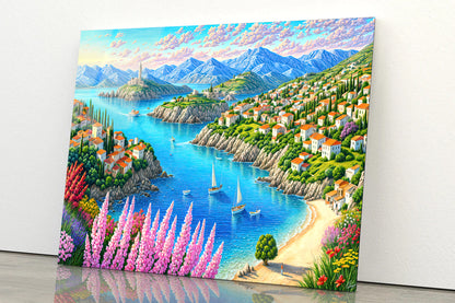 Painting Of a Town with a Lake, Trees, Mountains, and Flowers Acrylic Glass Print Tempered Glass Wall Art 100% Made in Australia Ready to Hang