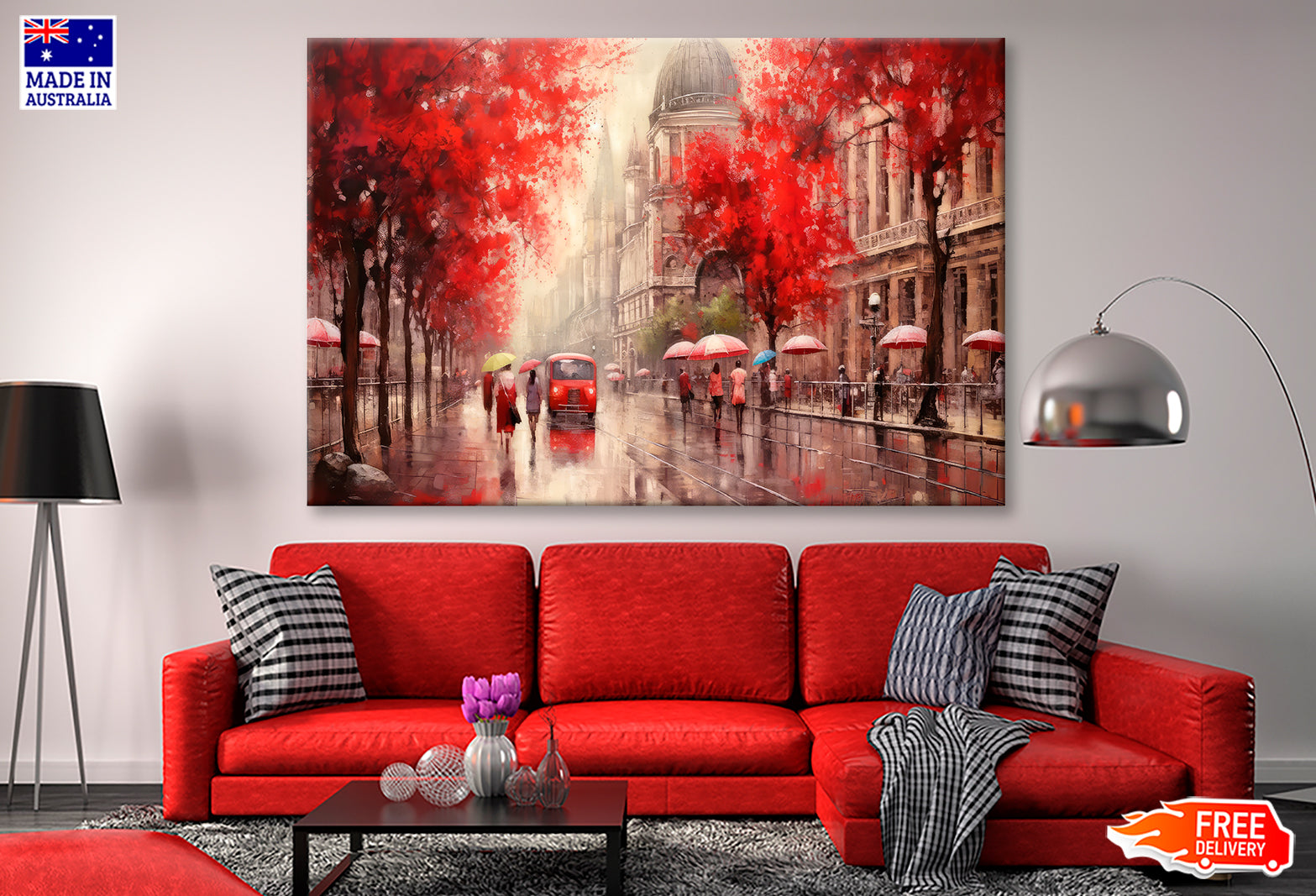 Street View Of Budapest, People Under A Red Umbrella & Tree, Night & Moon Oil Painting Wall Art Limited Edition High Quality Print