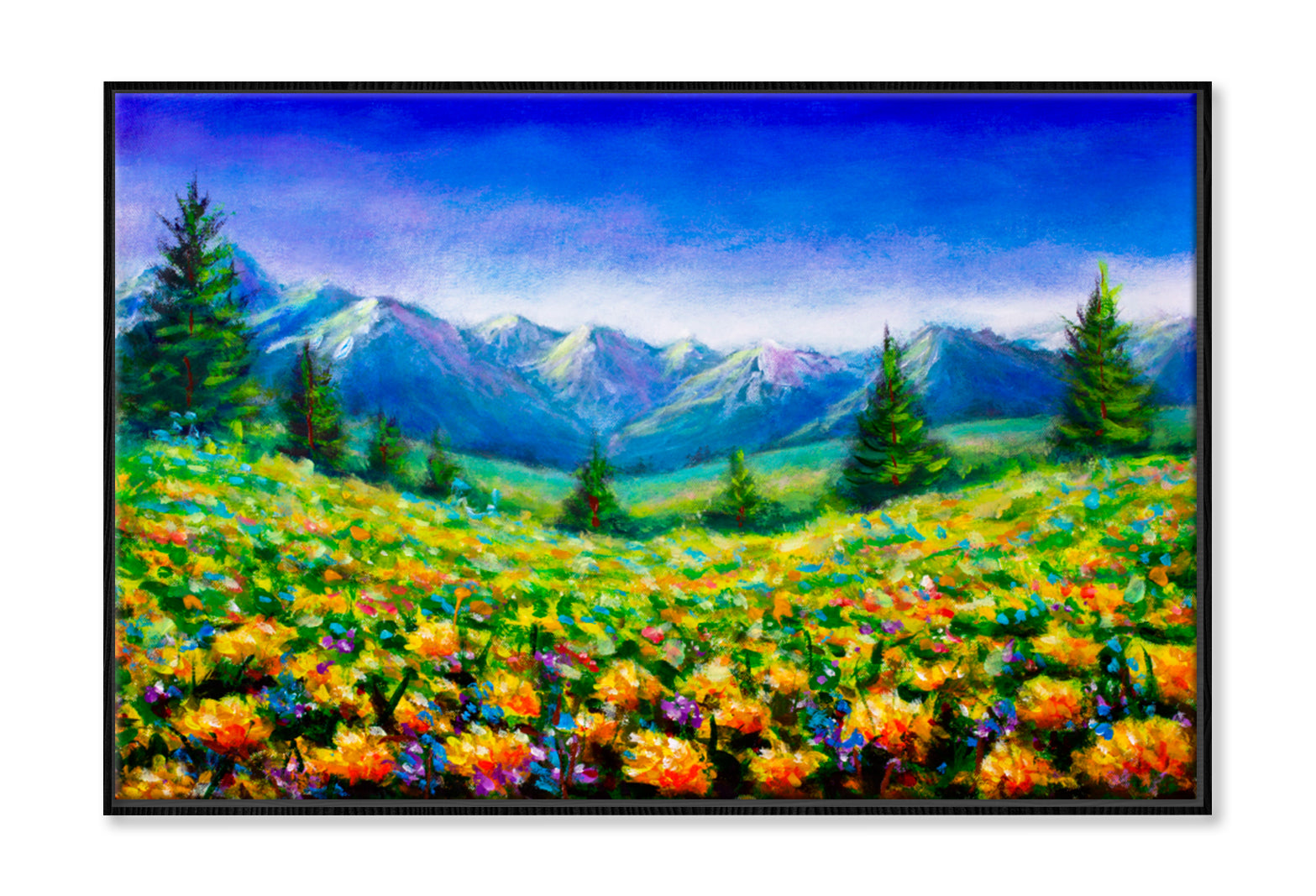 Rural Flowers Fields Near Mountains Oil Painting Wall Art Limited Edition High Quality Print Canvas Box Framed Black