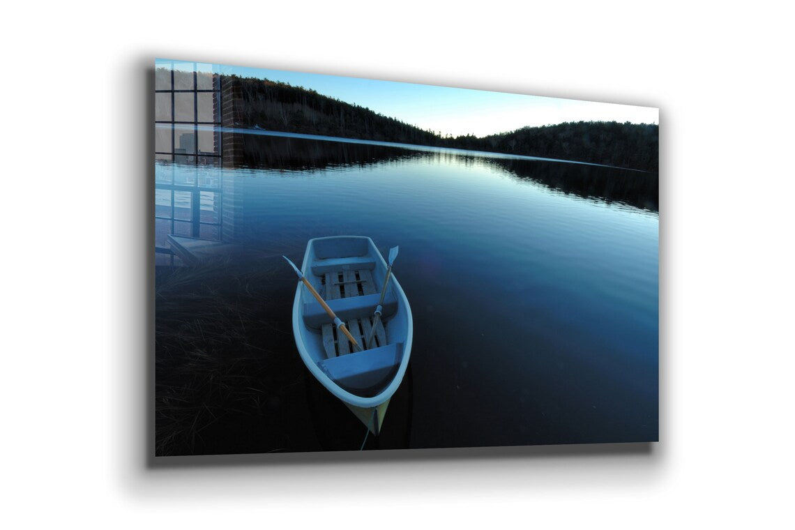 Boat on Calm Lake View UV Direct Aluminum Print Australian Made Quality