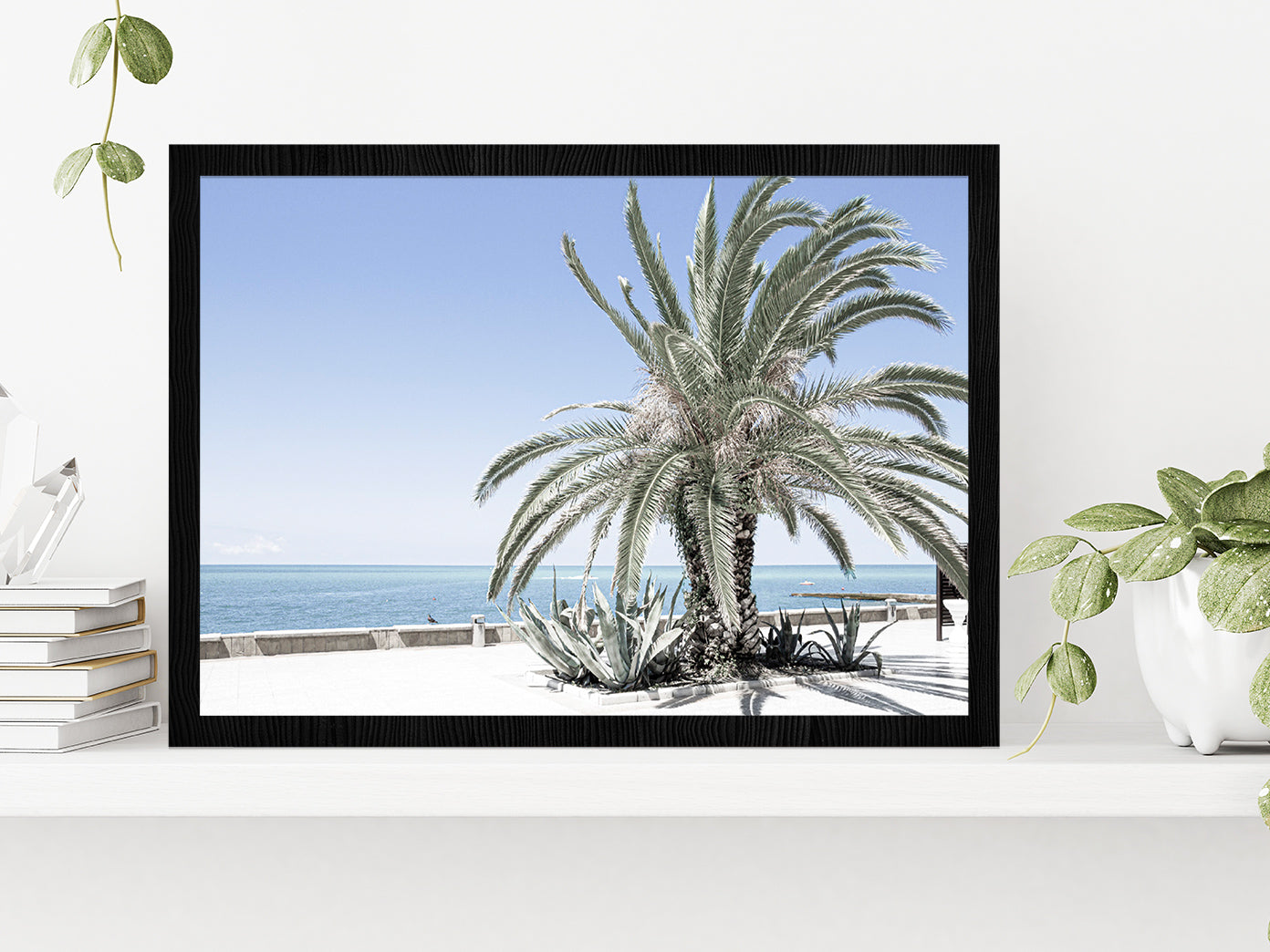 Palm Tree near Beach & Blue Sky Photograph Glass Framed Wall Art, Ready to Hang Quality Print Without White Border Black