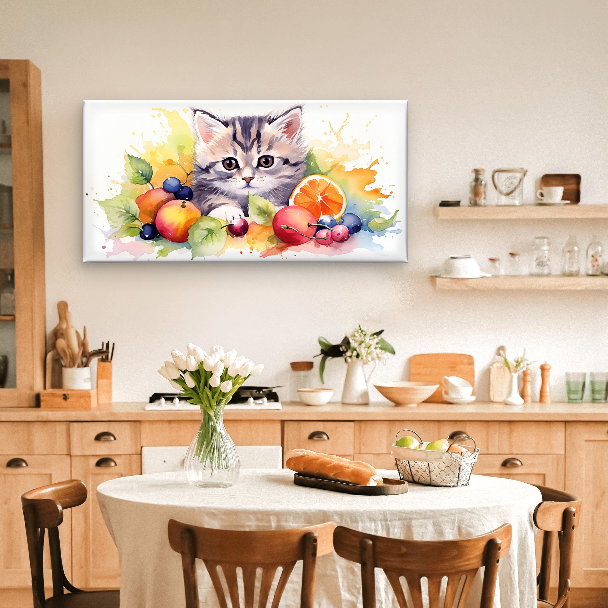 Cute Watercolor Kitten Fruit Wall Art Canvas Office Home Room Framed 120x60cm - Bella Home Decor