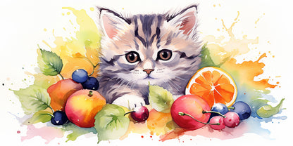 Cute Watercolor Kitten Fruit Wall Art Canvas Office Home Room Framed 120x60cm - Bella Home Decor