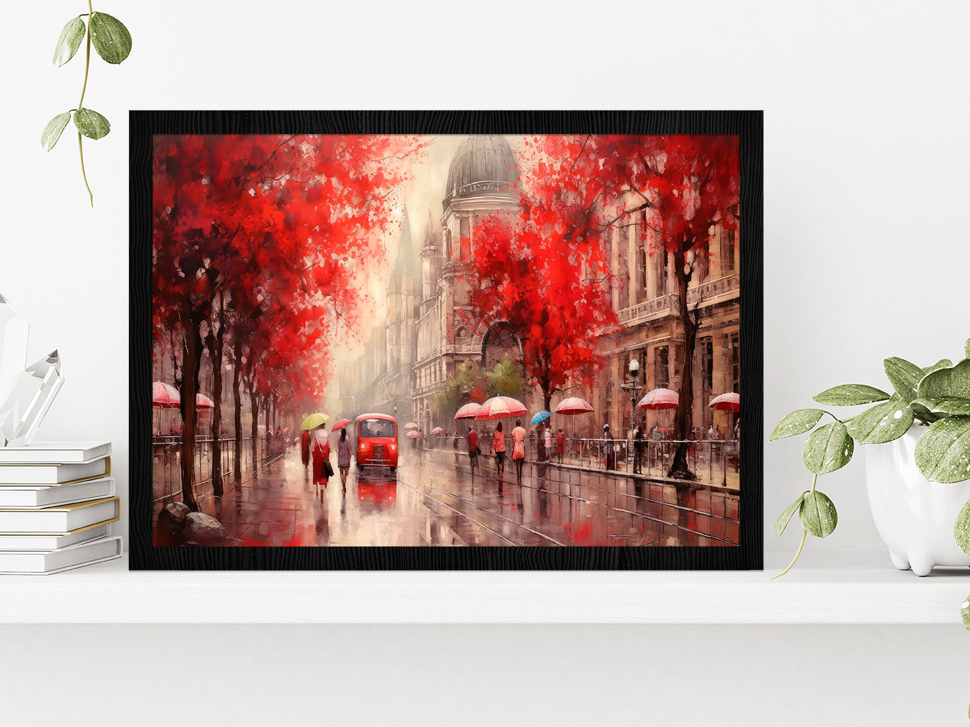 Street View Of Budapest, People Under A Red Umbrella & Tree, Night & Moon Glass Framed Wall Art, Ready to Hang Quality Print Without White Border Black