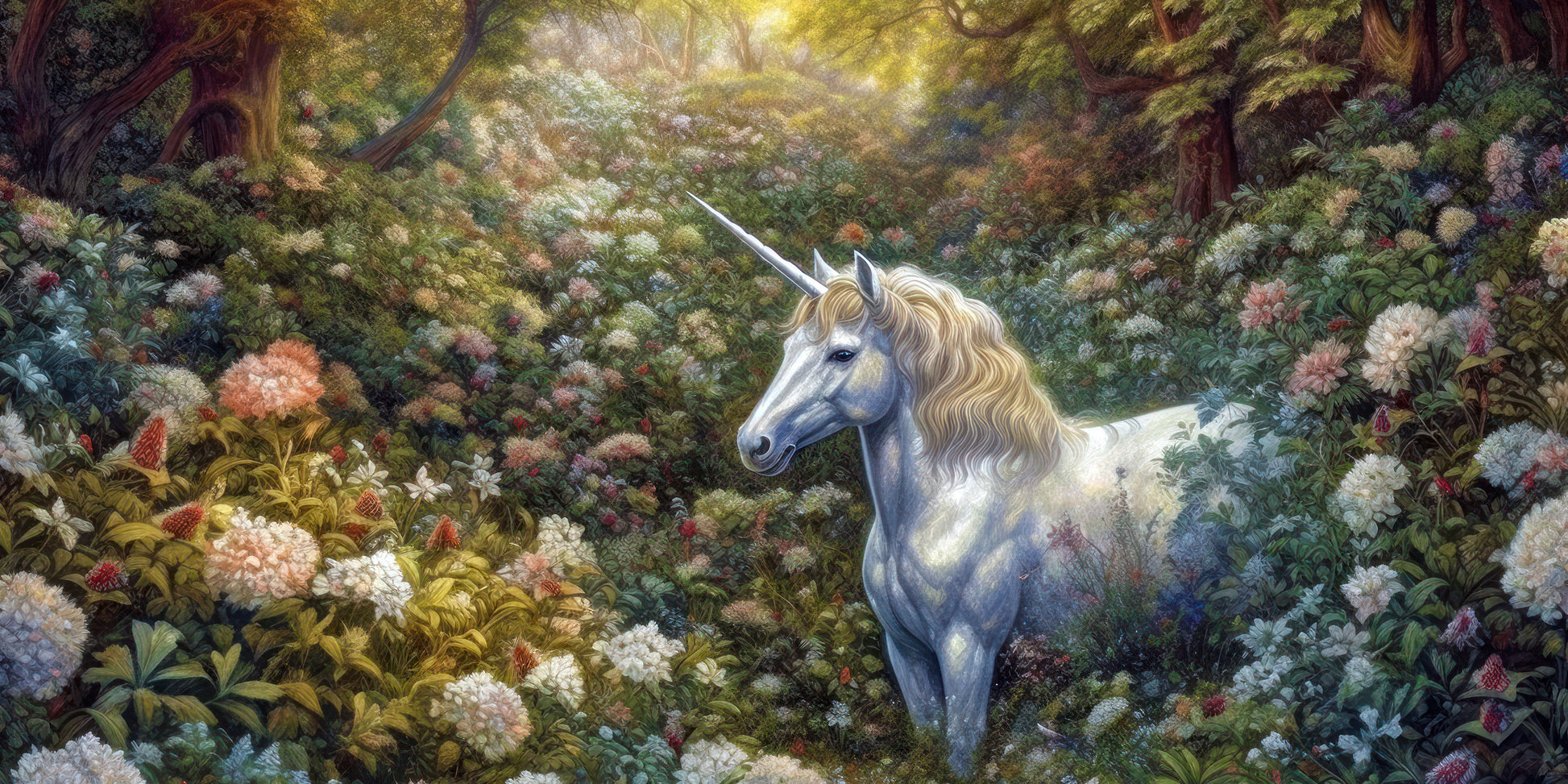 Fantasy Floral Forest White Unicorn Hydrangea Garden Wall Art Canvas Office Home Framed 120x60cm