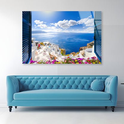 Coast of Santorini with Blue Sea Acrylic Glass Print Tempered Glass Wall Art 100% Made in Australia Ready to Hang - Bella Home Decor