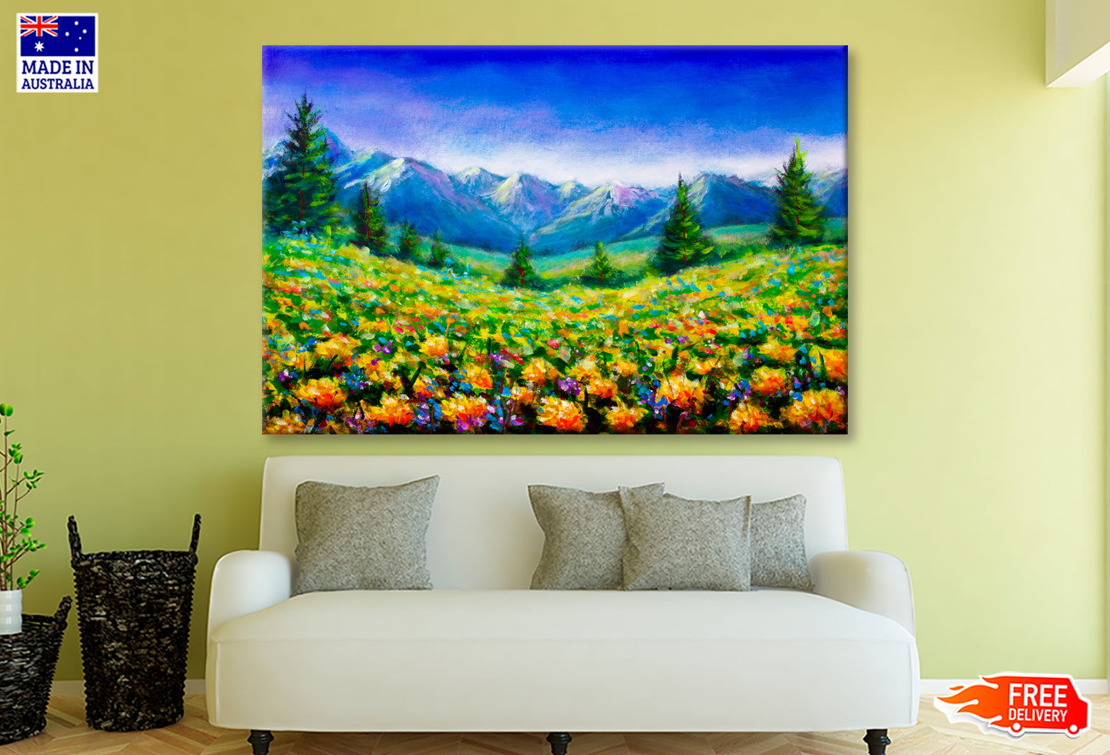 Rural Flowers Fields Near Mountains Oil Painting Wall Art Limited Edition High Quality Print