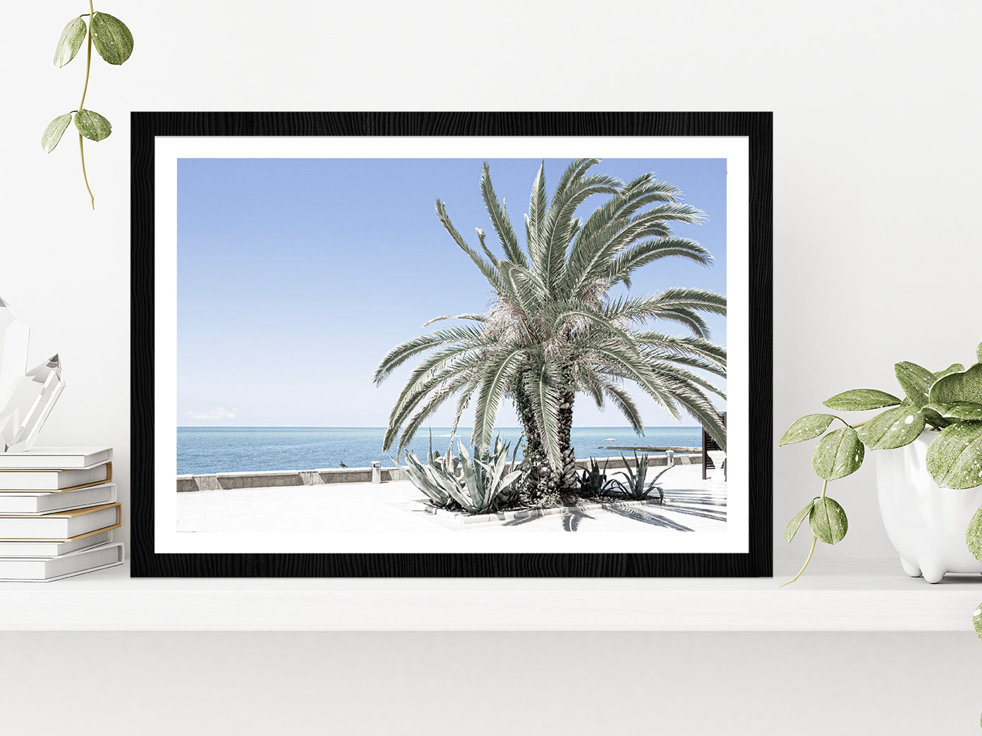 Palm Tree near Beach & Blue Sky Photograph Glass Framed Wall Art, Ready to Hang Quality Print With White Border Black