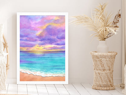 Purple Sunset & Blue Beach Illustration Glass Framed Wall Art, Ready to Hang Quality Print Without White Border White