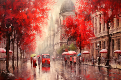 Street View Of Budapest, People Under A Red Umbrella & Tree, Night & Moon Glass Framed Wall Art, Ready to Hang Quality Print