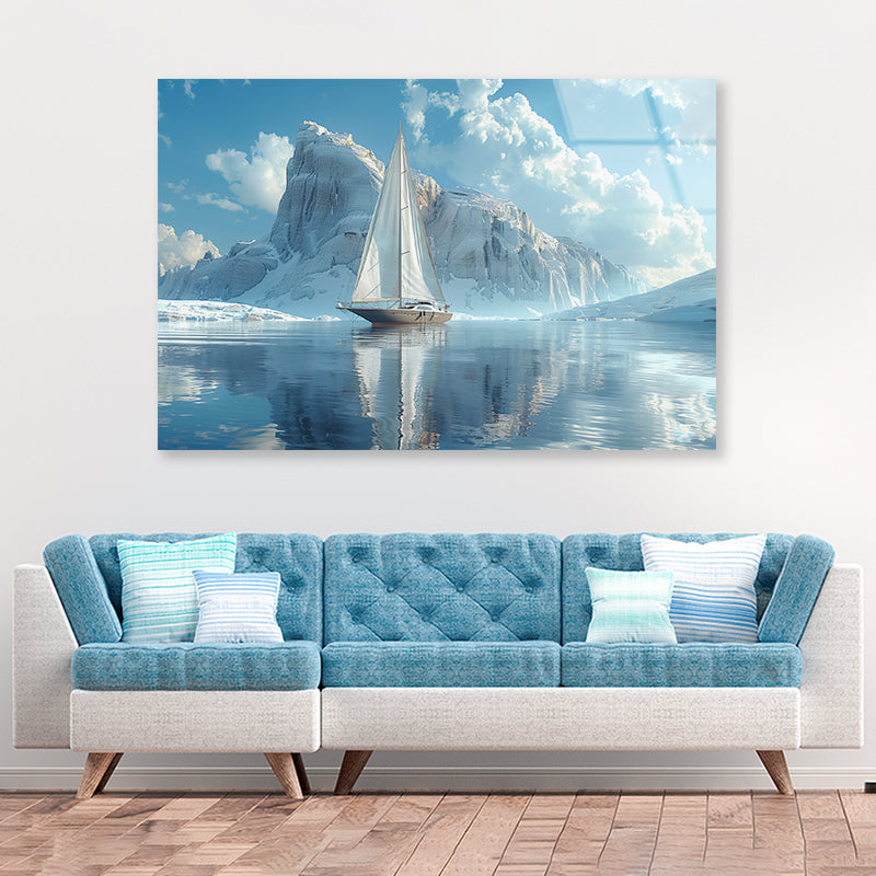 Sailing Boat on the Sea with Mountains View Acrylic Glass Print Tempered Glass Wall Art 100% Made in Australia Ready to Hang - Bella Home Decor