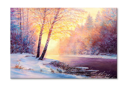 Winter Forest & A River Covered In Snow At Sunset Oil Painting Wall Art Limited Edition High Quality Print Stretched Canvas None