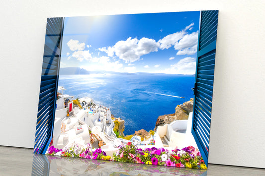 Coast of Santorini with Blue Sea Acrylic Glass Print Tempered Glass Wall Art 100% Made in Australia Ready to Hang - Bella Home Decor