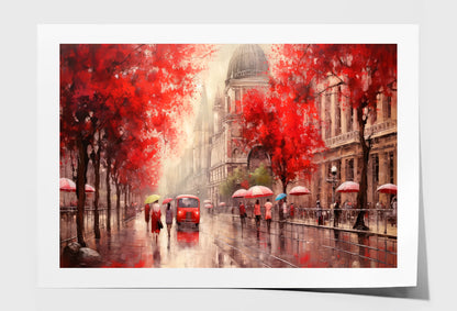 Street View Of Budapest, People Under A Red Umbrella & Tree, Night & Moon Oil Painting Wall Art Limited Edition High Quality Print Unframed Roll Canvas None