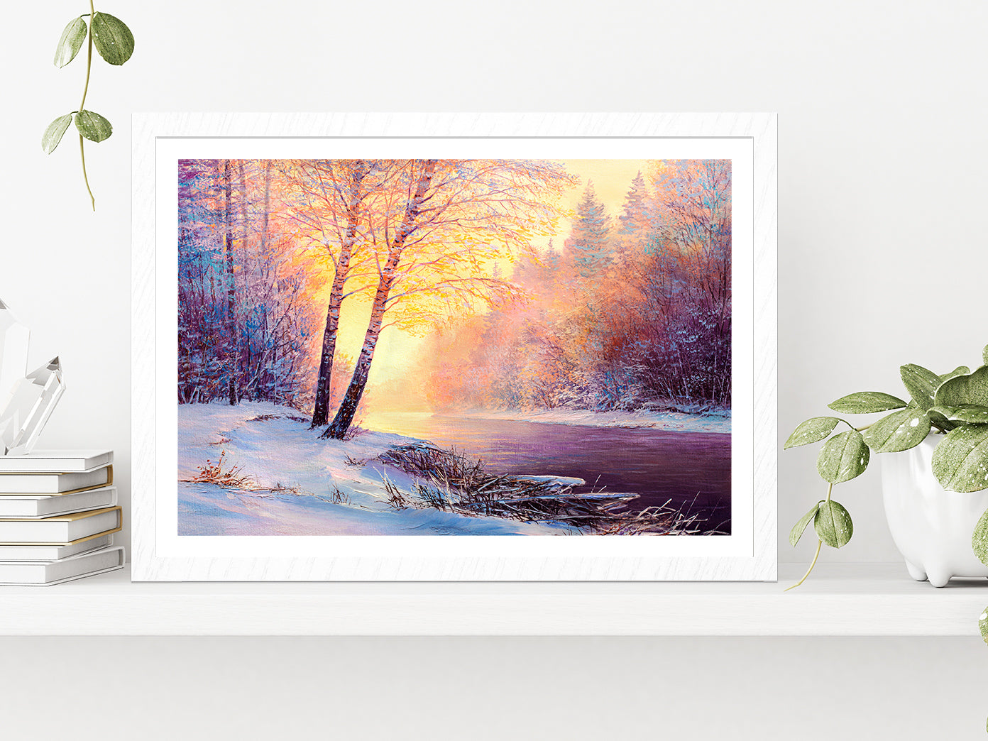 Winter Forest & A River Covered In Snow At Sunset Glass Framed Wall Art, Ready to Hang Quality Print With White Border White