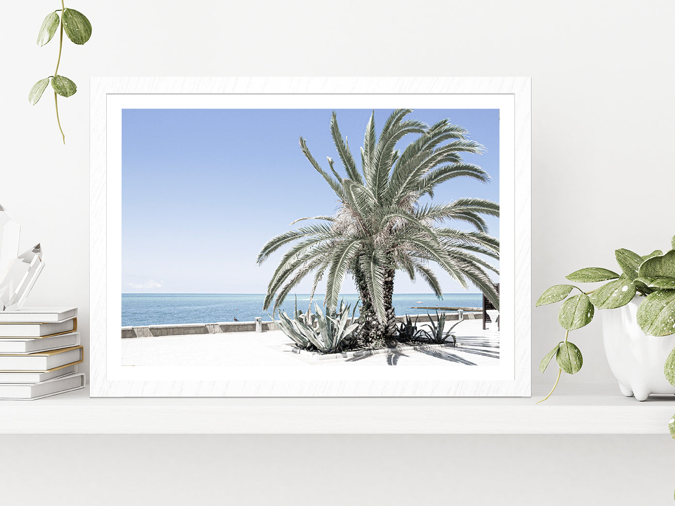 Palm Tree near Beach & Blue Sky Photograph Glass Framed Wall Art, Ready to Hang Quality Print With White Border White