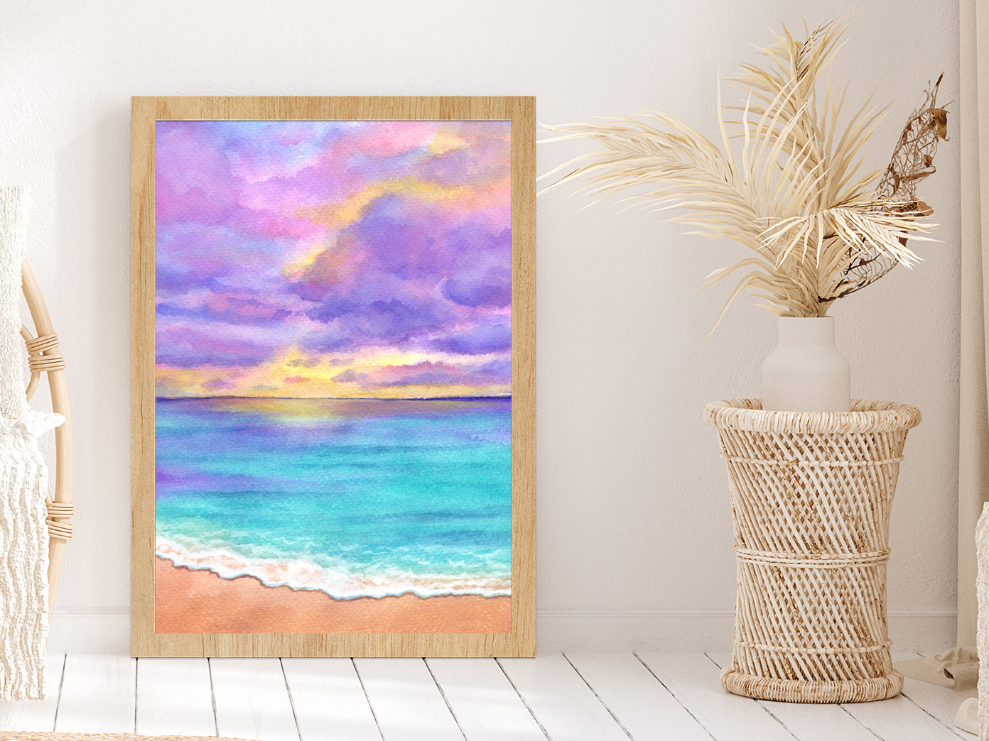 Purple Sunset & Blue Beach Illustration Glass Framed Wall Art, Ready to Hang Quality Print Without White Border Oak