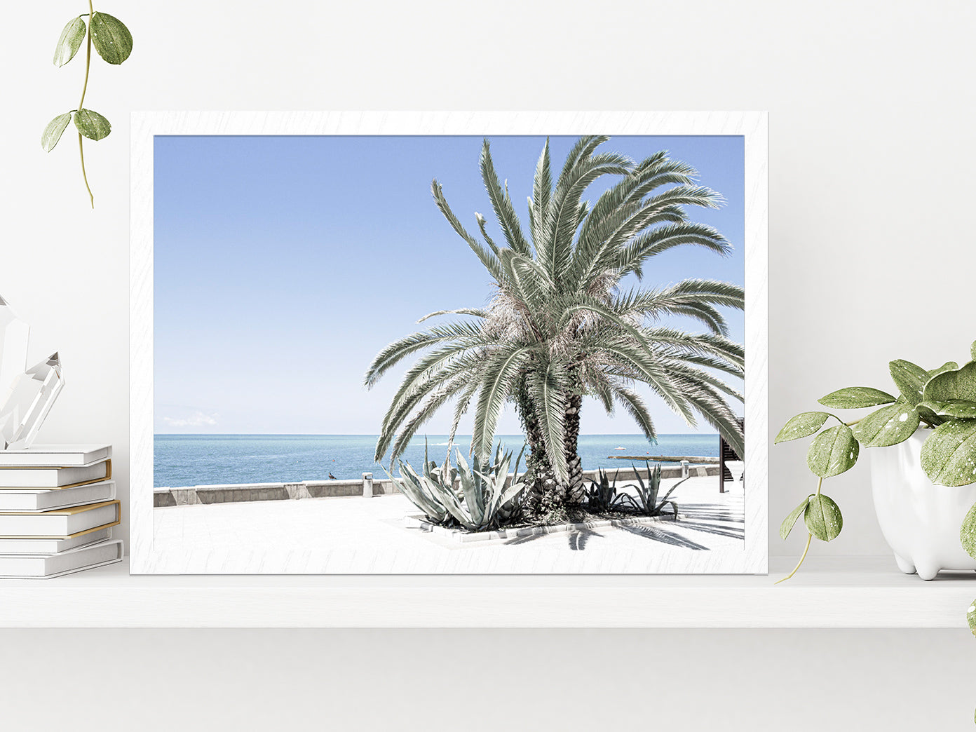 Palm Tree near Beach & Blue Sky Photograph Glass Framed Wall Art, Ready to Hang Quality Print Without White Border White