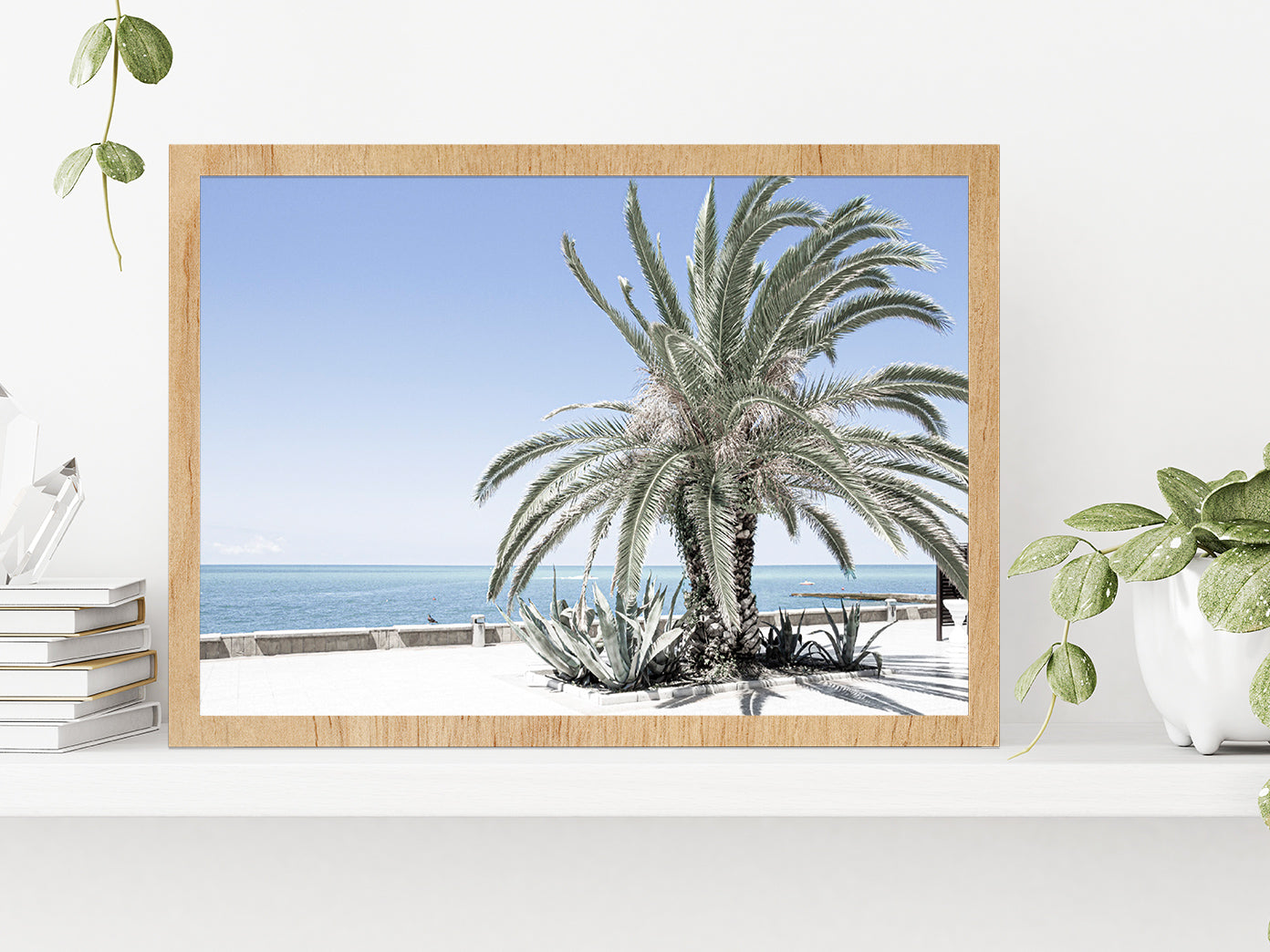 Palm Tree near Beach & Blue Sky Photograph Glass Framed Wall Art, Ready to Hang Quality Print Without White Border Oak