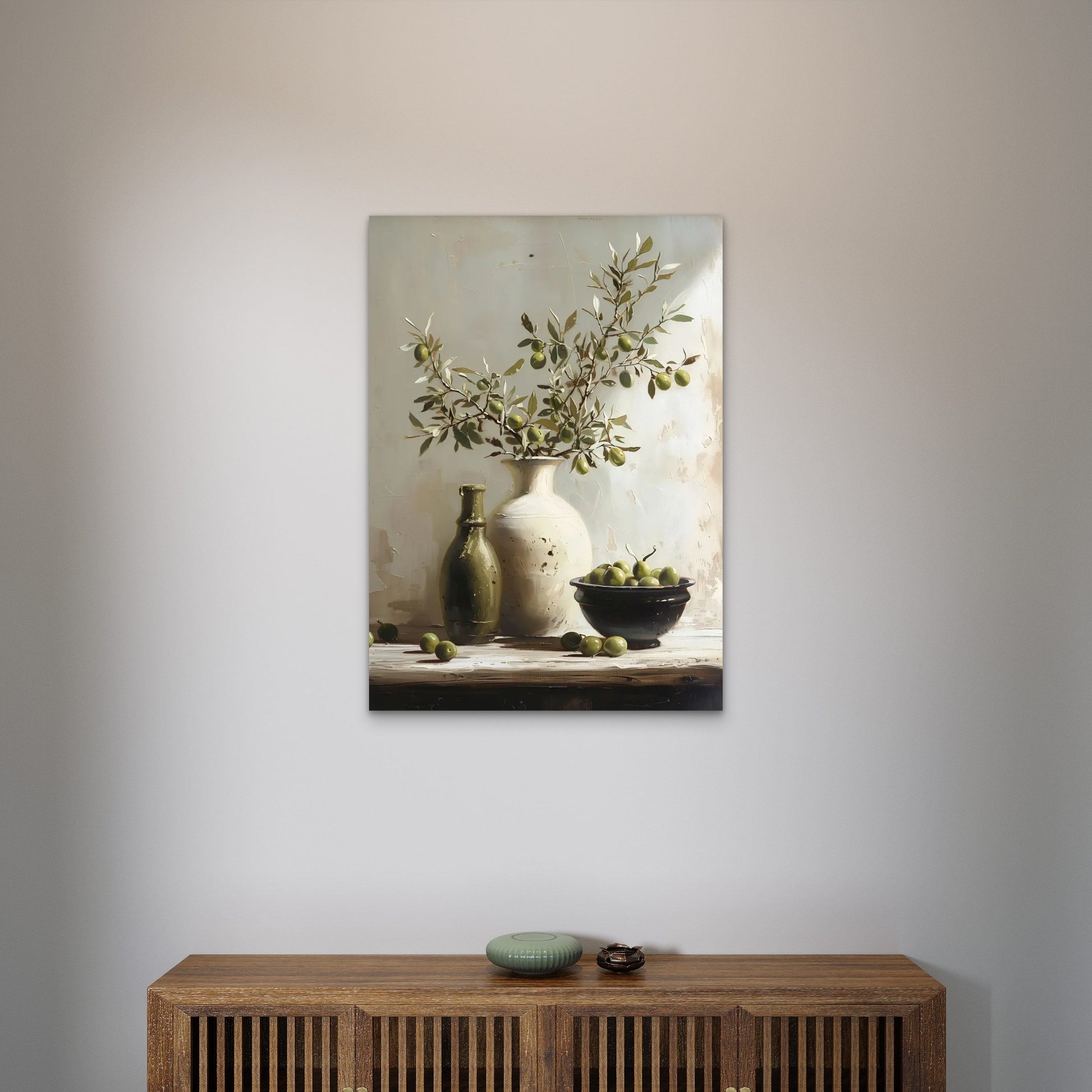 Mediterranean Green Olives Vase 60x90cm Metal Print Ready to Hang - Bella Home Decor