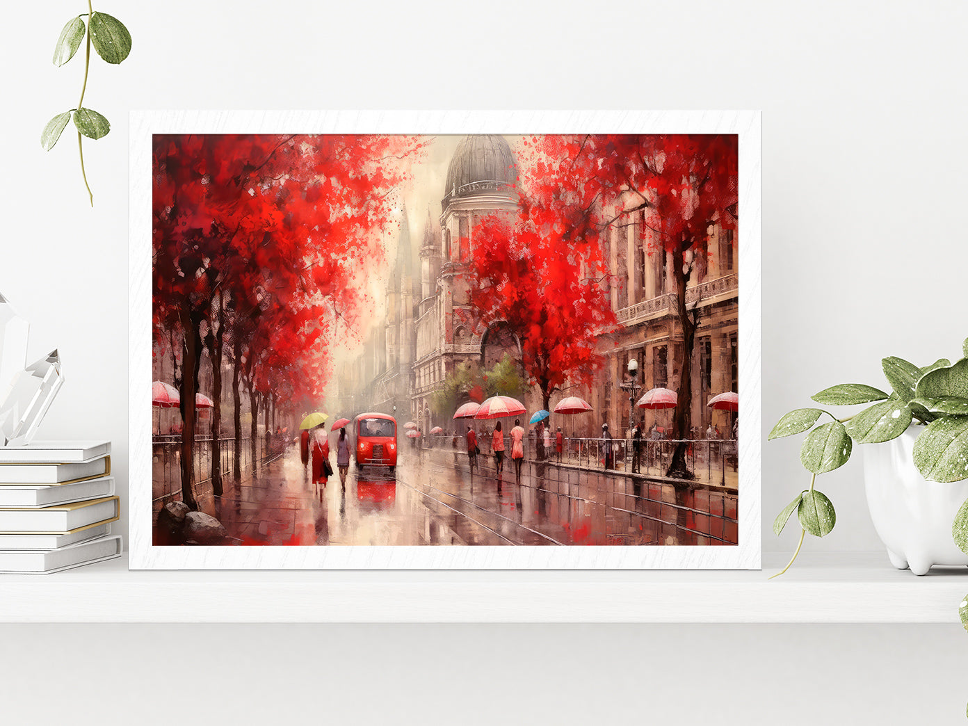 Street View Of Budapest, People Under A Red Umbrella & Tree, Night & Moon Glass Framed Wall Art, Ready to Hang Quality Print Without White Border White