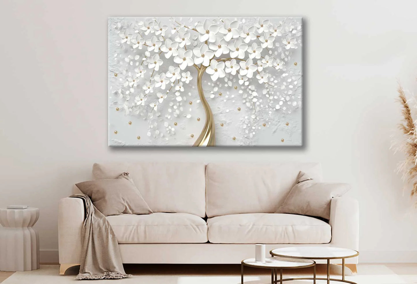 White & Gold 3D Tree, Flower with Stones 90x60cm Print 100% Australian Made