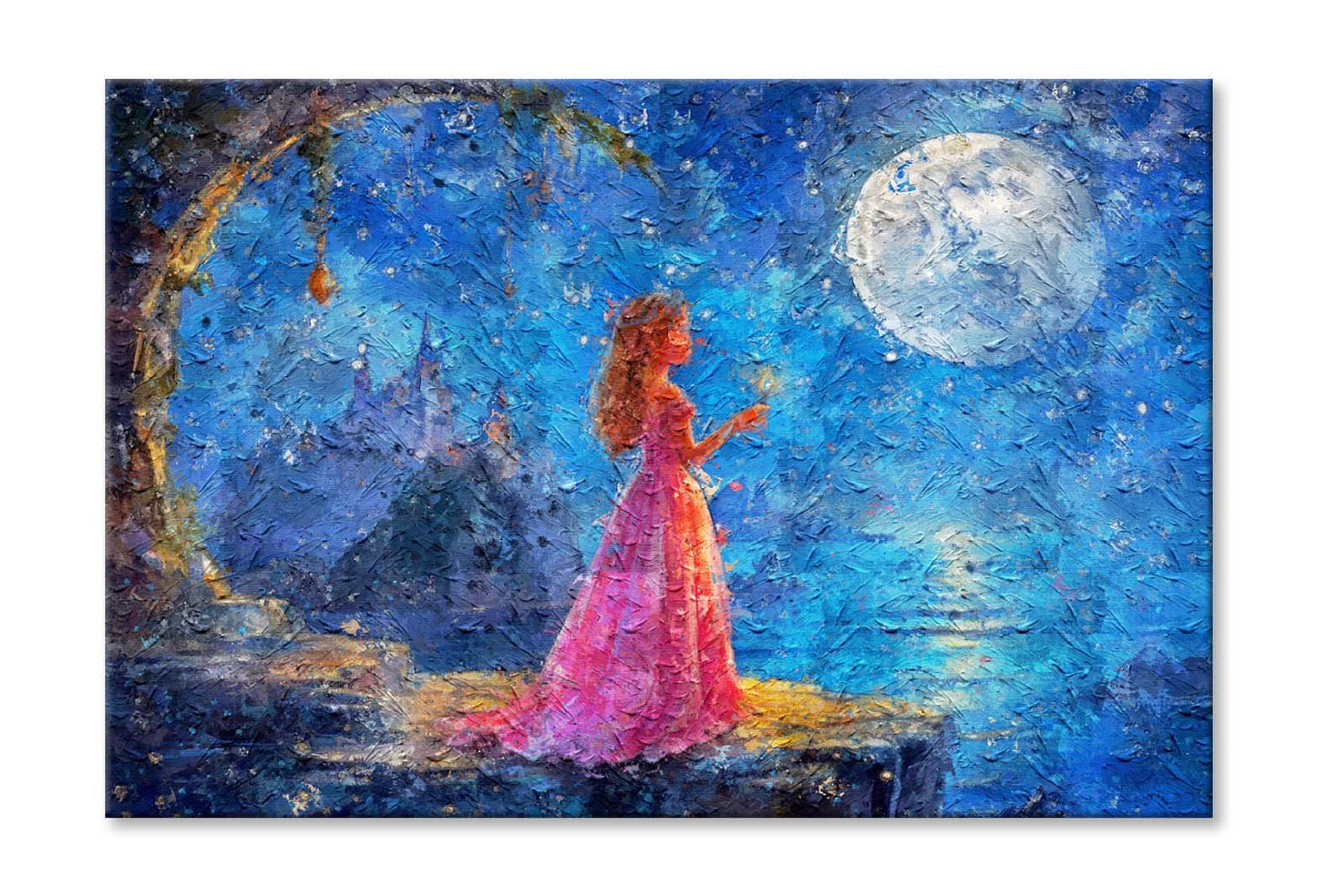 Princess Girl Looks At Moon And Makes Wish In Night Wall Art Limited Edition High Quality Print