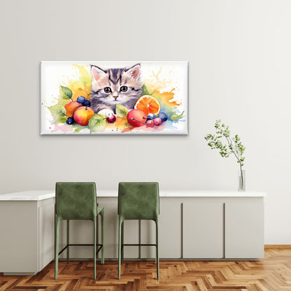 Cute Watercolor Kitten Fruit Wall Art Canvas Office Home Room Framed 120x60cm - Bella Home Decor