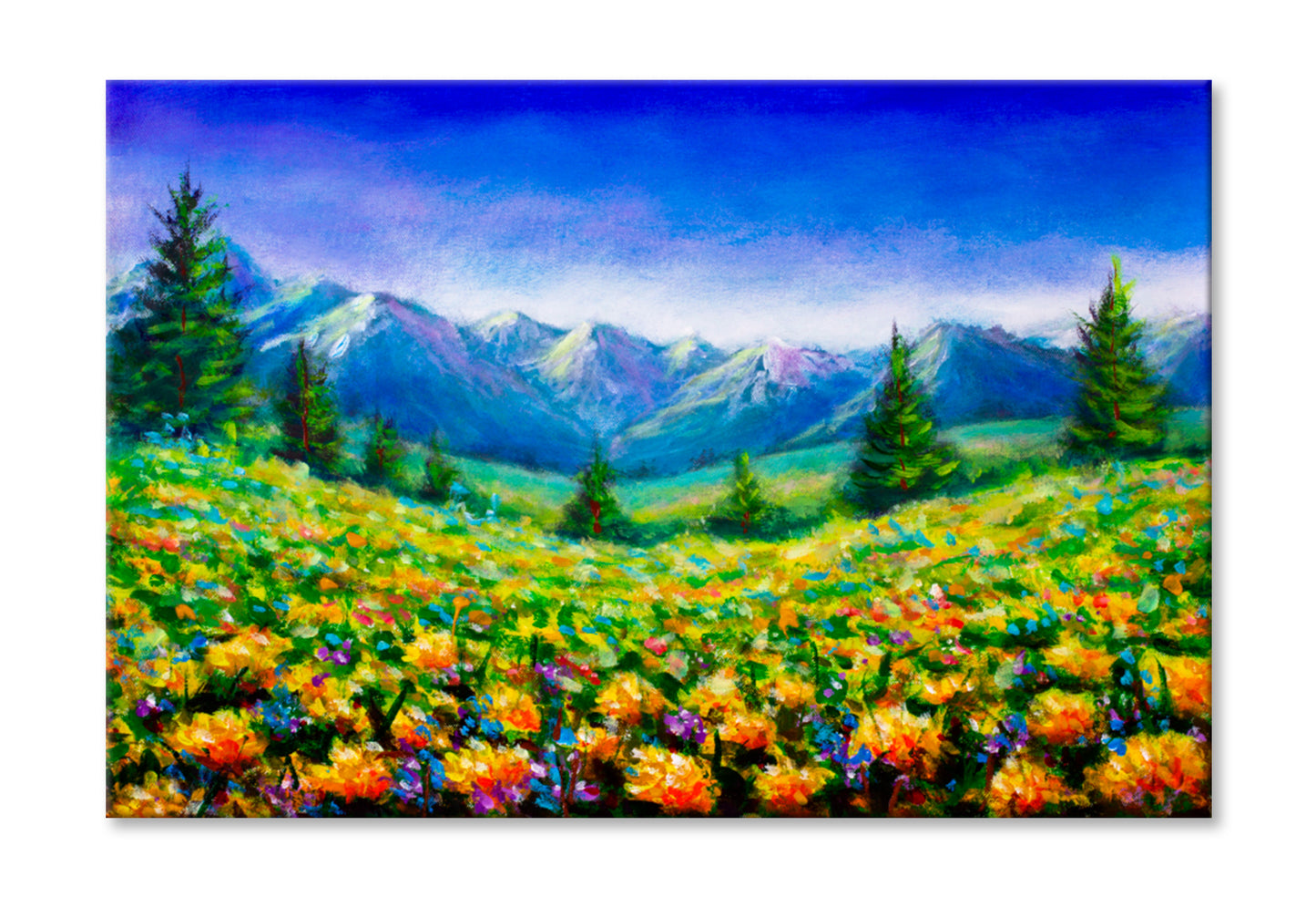 Rural Flowers Fields Near Mountains Oil Painting Wall Art Limited Edition High Quality Print Stretched Canvas None