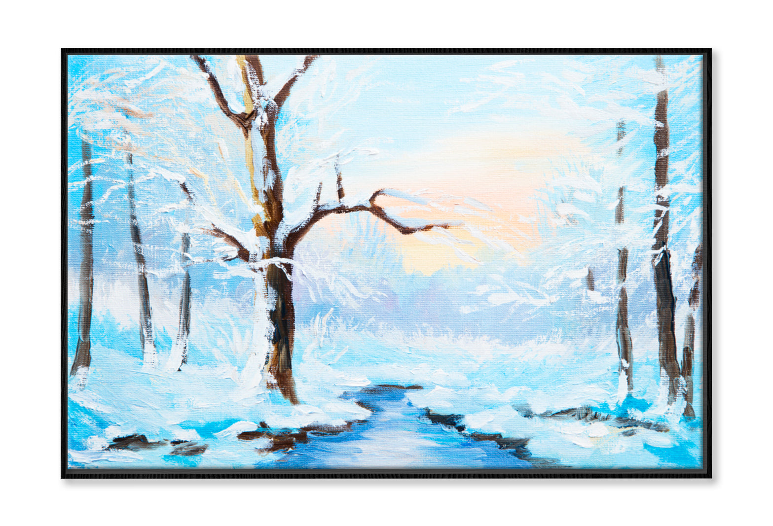 Frozen River In The Forest Oil Painting Limited Edition High Quality Print Canvas Box Framed Black