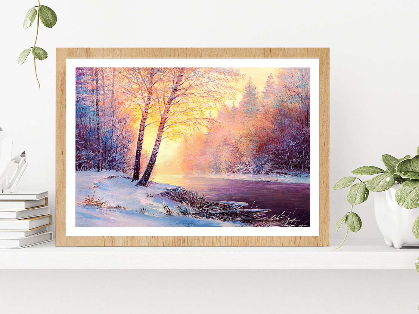 Winter Forest & A River Covered In Snow At Sunset Glass Framed Wall Art, Ready to Hang Quality Print With White Border Oak