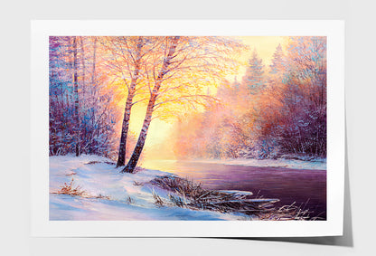 Winter Forest & A River Covered In Snow At Sunset Oil Painting Wall Art Limited Edition High Quality Print Unframed Roll Canvas None