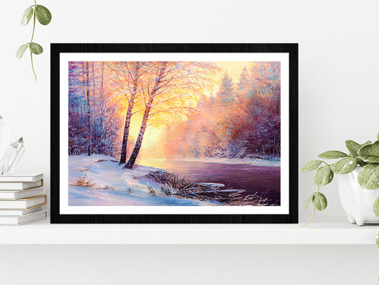 Winter Forest & A River Covered In Snow At Sunset Glass Framed Wall Art, Ready to Hang Quality Print With White Border Black