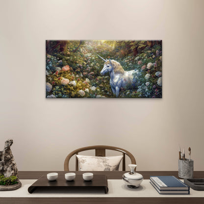 Fantasy Floral Forest White Unicorn Hydrangea Garden Wall Art Canvas Office Home Framed 120x60cm