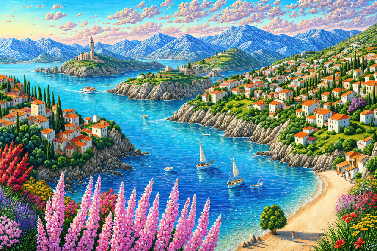 Painting Of a Town with a Lake, Trees, Mountains, and Flowers Home Decor Premium Quality Poster Print Choose Your Sizes