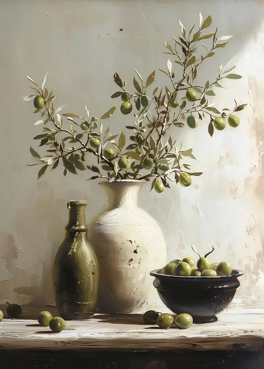 Mediterranean Green Olives Vase 40x60cm Metal Print Ready to Hang - Bella Home Decor