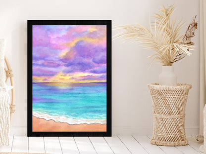 Purple Sunset & Blue Beach Illustration Glass Framed Wall Art, Ready to Hang Quality Print Without White Border Black