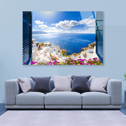 Coast of Santorini with Blue Sea Acrylic Glass Print Tempered Glass Wall Art 100% Made in Australia Ready to Hang - Bella Home Decor