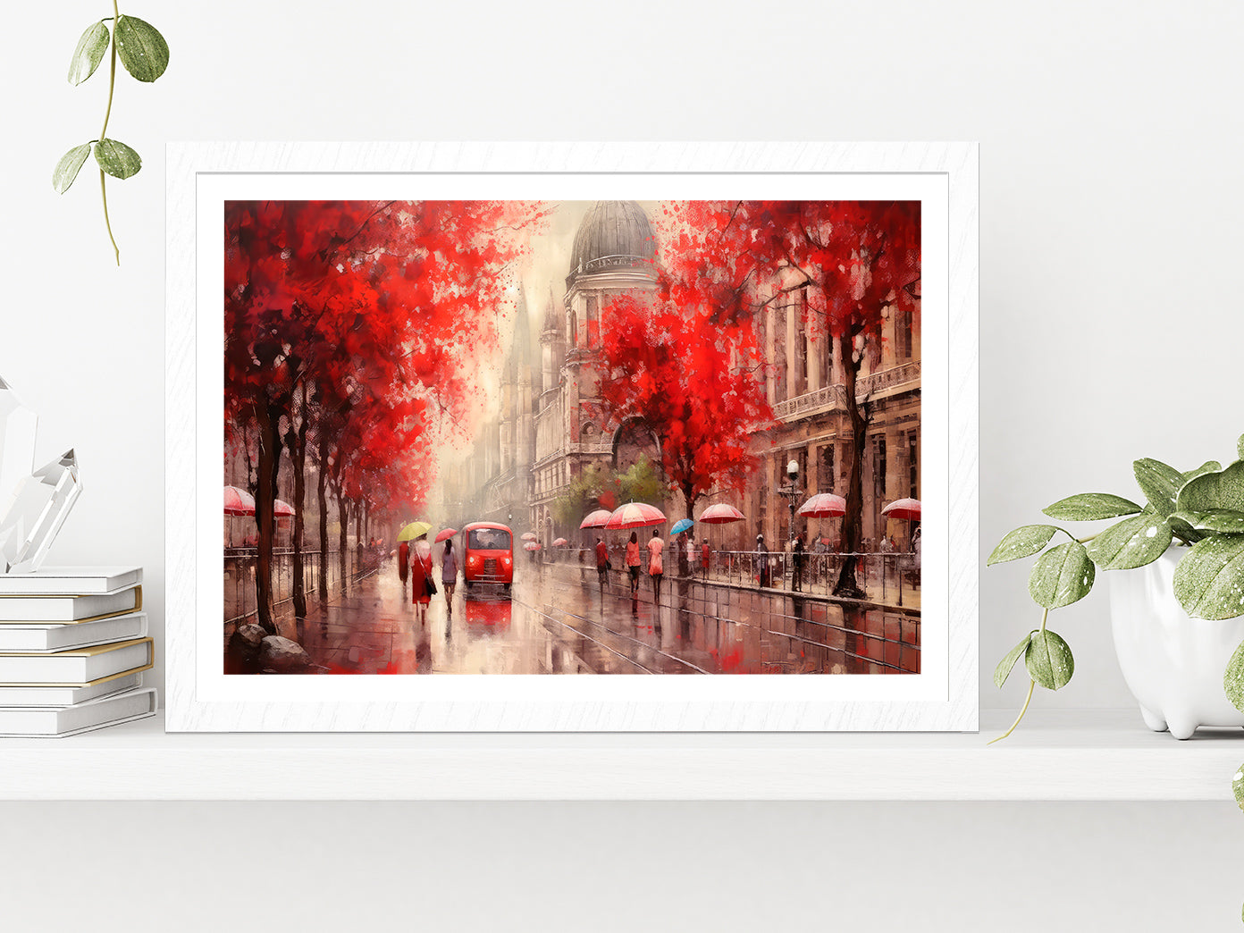 Street View Of Budapest, People Under A Red Umbrella & Tree, Night & Moon Glass Framed Wall Art, Ready to Hang Quality Print With White Border White