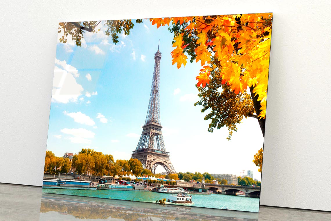 Boat Is in The Water Near the Eiffel Tower Acrylic Glass Print Tempered Glass Wall Art 100% Made in Australia Ready to Hang - Bella Home Decor