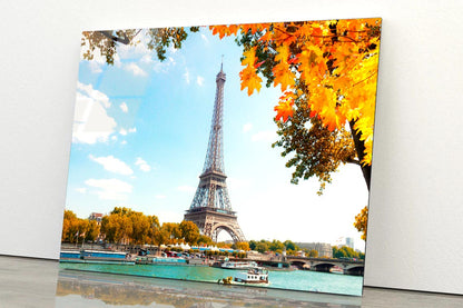 Boat Is in The Water Near the Eiffel Tower Acrylic Glass Print Tempered Glass Wall Art 100% Made in Australia Ready to Hang - Bella Home Decor