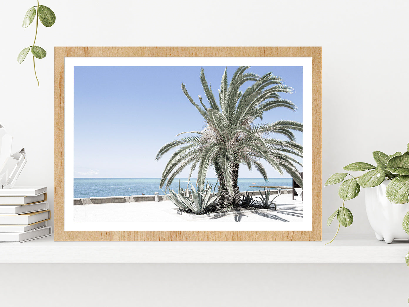 Palm Tree near Beach & Blue Sky Photograph Glass Framed Wall Art, Ready to Hang Quality Print With White Border Oak