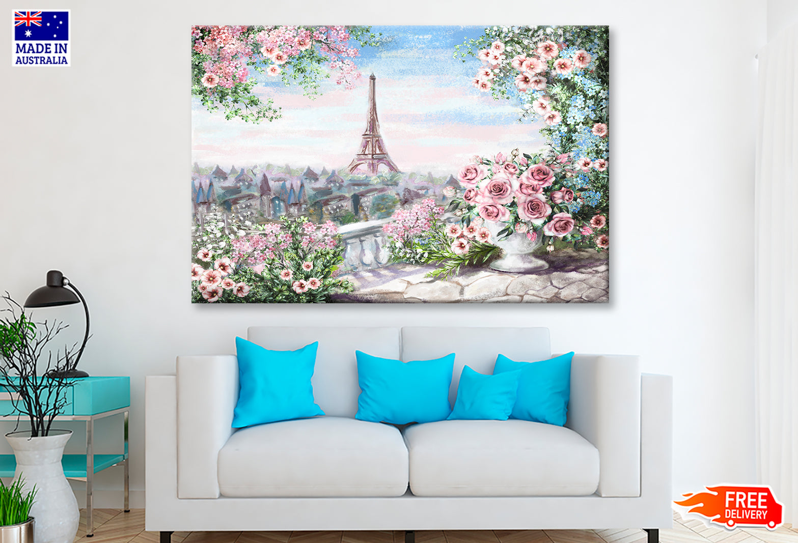 Eiffel Tower View from Roses with Leaves Balcony Painting Wall Art Limited Edition High Quality Print